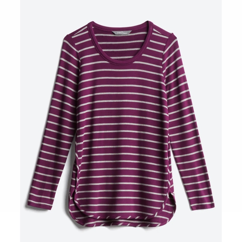 MARKET & SPRUCE Maroon Striped Curved Hem French Terry Knit Top, Large